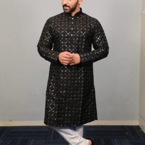 Cotton Golden Mirror Black Kurta And Pyjama