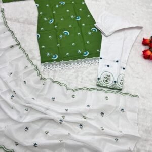 Embroidery Green Cotton Kurti Pant Sets with Dupatta