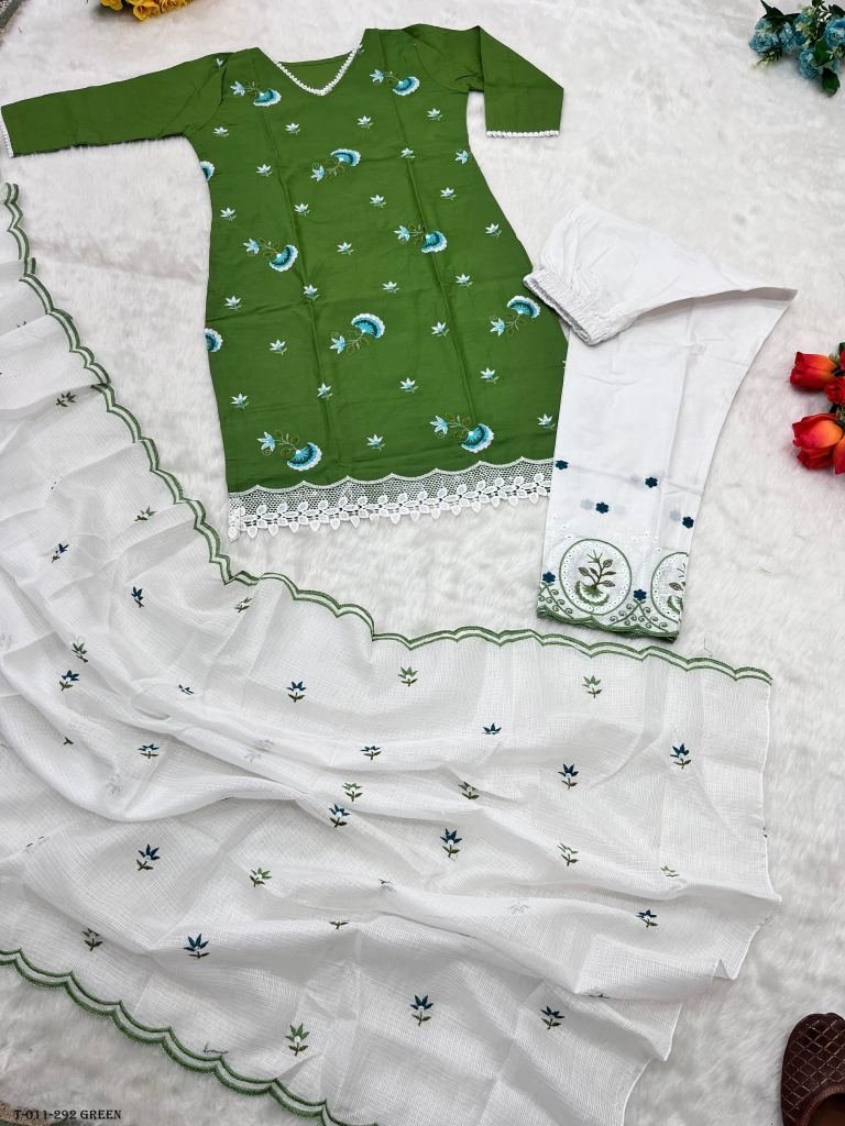 cotton green kurti and pent wi 1717750906 Embroidery Green Cotton Kurti Pant Sets with Dupatta