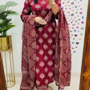 Cotton Sequence Work Sanganeri Print Kurti Pant Dupatta Set