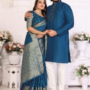 Couple Dress Set Dola Silk Saree And Kurta Pajama