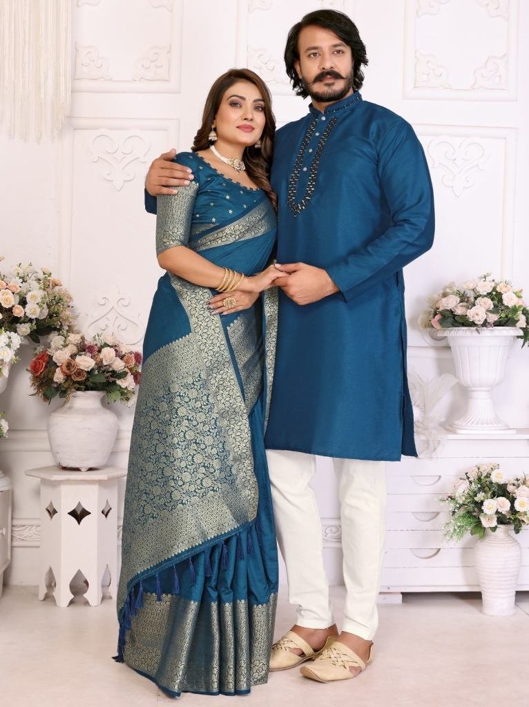 couple dress set dola silk sar 1748691396 Couple Dress Set Dola Silk Saree And Kurta Pajama