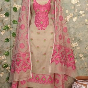 Cream And Pink Designer Dhakai Jamdani Dress Material