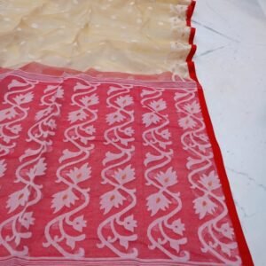 Cream And Pink Designer Maslin Jamdani Saree