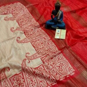 Cream And Red Screen Printed Original Tussar Ghicha Silk Saree 22