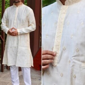 Cream Attractive Wedding Embroidery Work Silk Kurta Set For Men