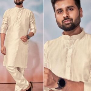 Cream Banglori Silk Kurta Pant Set For Mens