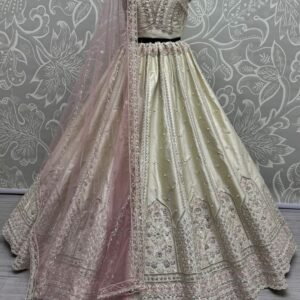 Cream Fancy Embroidery Work Marriage Lehenga Choli With Dupatta