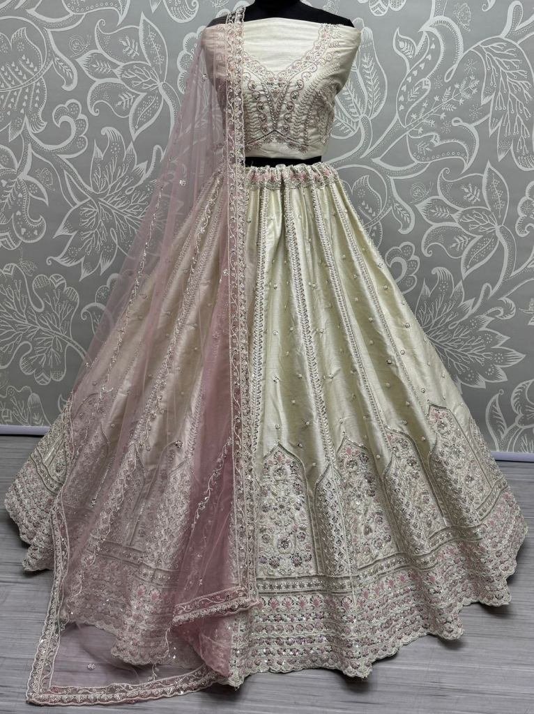cream fancy embroidery work ma 1737637407 Cream Fancy Embroidery Work Marriage Lehenga Choli With Dupatta