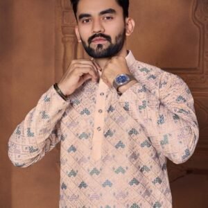Cream Maharaja Emrboidered Italian Silk Men Kurta With Pajama