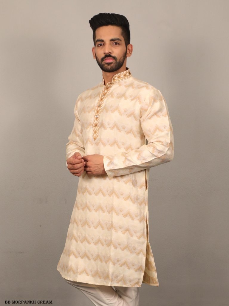 cream morpankh soft j card men 1717139614 Cream Morpankh Soft J Card Men kurta with Payjama