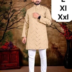 Cream New Special Mirror Work Cotton Men Kurta With Pajama