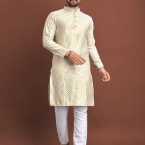 Cream Premium Silk Mirror Work Kurta Pant Set For Mens