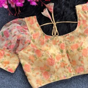 Cream Sobha Flower Printed Organza Readymade Blouse