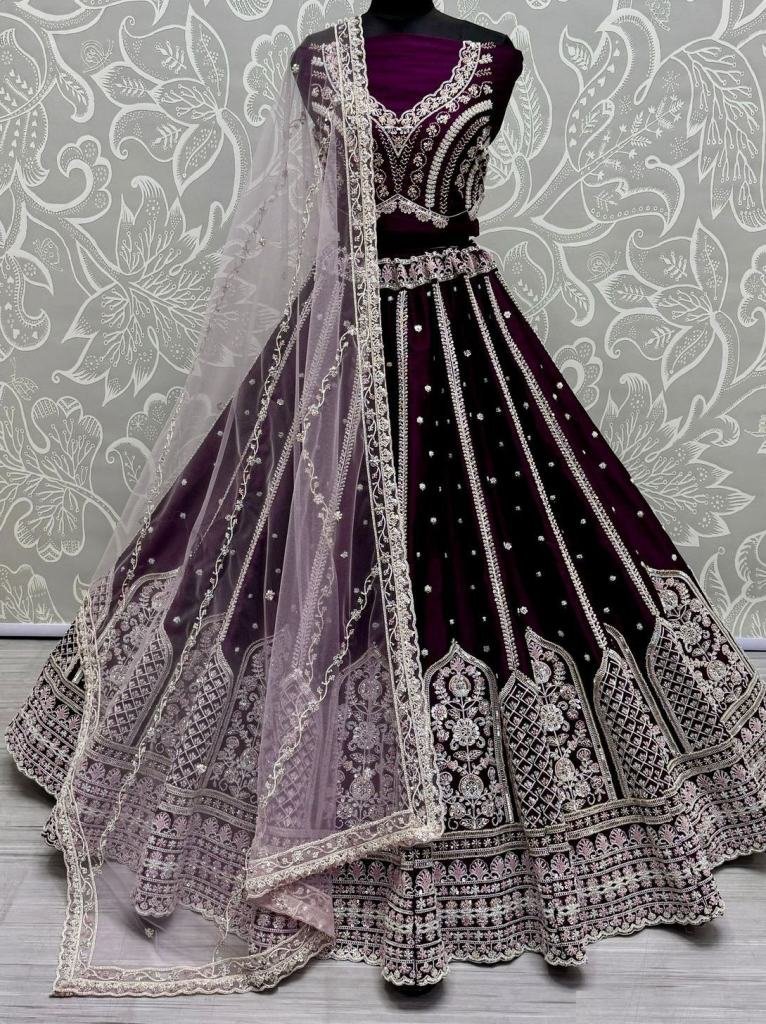 crystal pipe handwork purple c 1737637330 Crystal Pipe Handwork Purple Colour Wedding Lehenga