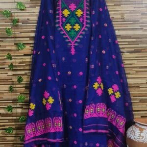 Dark Blue And Pink Latest Dhakai Jamdani Two Piece Dress Material
