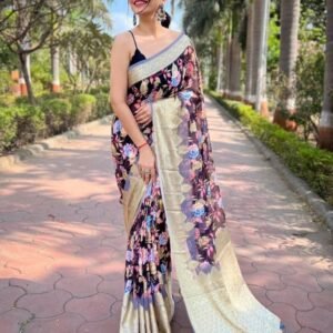 Dark Blue Georgette Silk Saree With Flower Print For Women