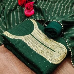 Dark Green Designer Chanderi Unstitched Suits With Crosset Work