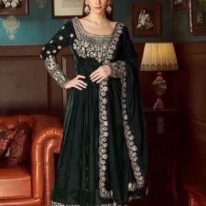 Dark Green Designer Heavy Velvet Anarkali Gown With Dupatta Set