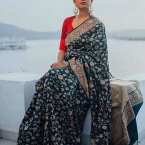 Dark Green Exclusive Wedding Golden Zari Lichi Silk Saree