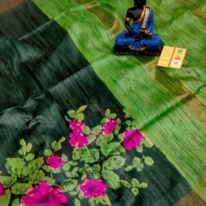 Dark Green Flower Screen Printed Original Tussar Ghicha Silk Saree 13
