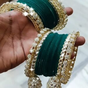 Dark Green Golden Jhumki Set With Plain Velvet Bangles Set