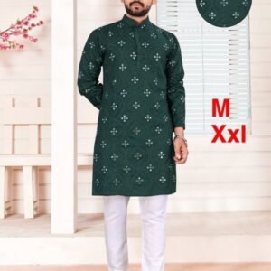 Dark Green New Special Mirror Work Cotton Men Kurta With Pajama