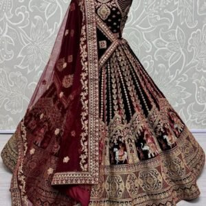 Dark Maroon Bollywood Bridal Velvet Lehenga Choli With Beautiful Neck Work