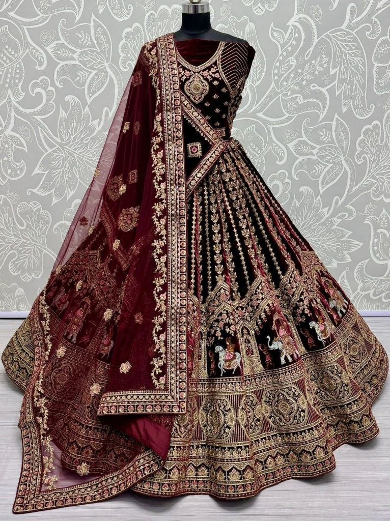 dark maroon bollywood bridal v 1728371815 Dark Maroon Bollywood Bridal Velvet Lehenga Choli With Beautiful Neck Work