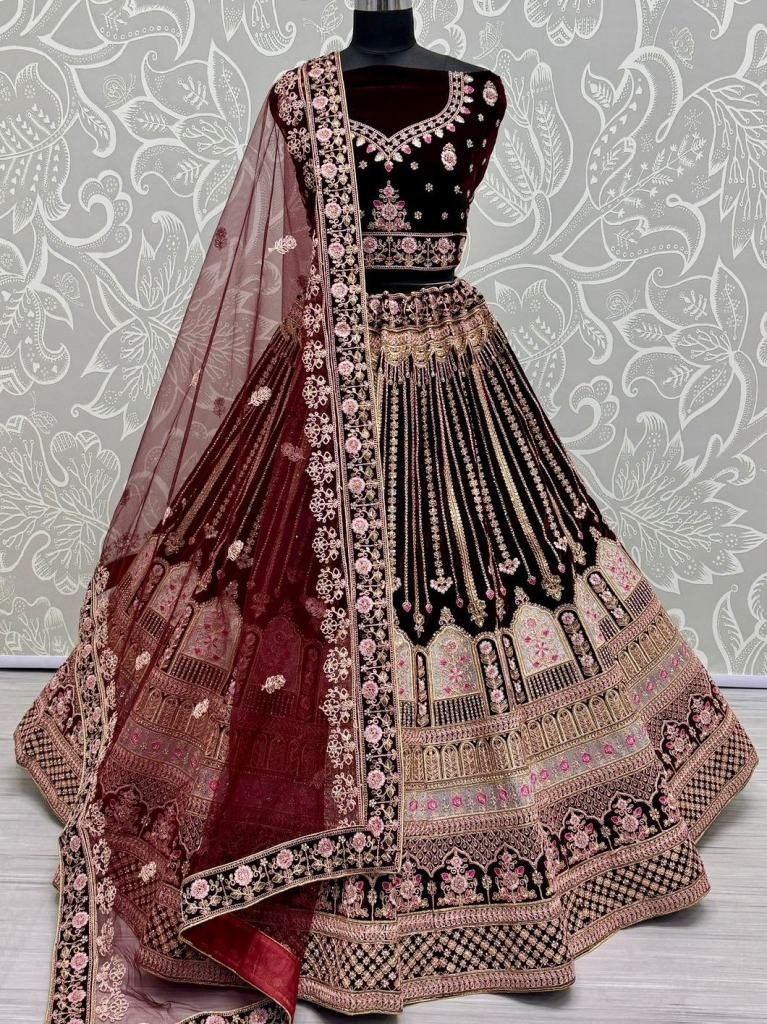 dark maroon celebrity bridal v 1728359906 Dark Maroon Celebrity Bridal Velvet Lehenga Choli