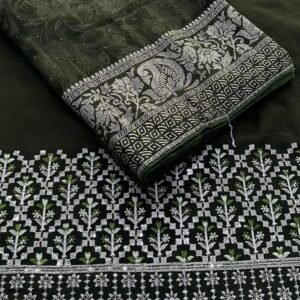 Dark Mehendi Designer Border Embroidered Georgette Saree With Heavy Unstitch Blouse