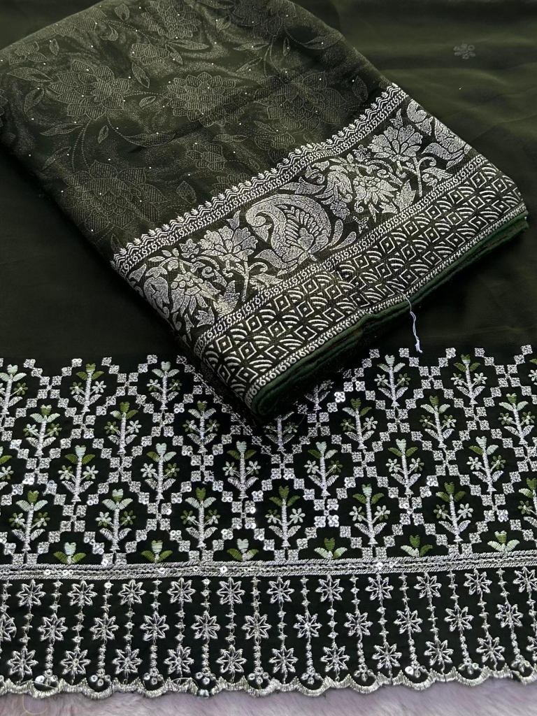 dark mehendi designer border e 1729856911 Dark Mehendi Designer Border Embroidered Georgette Saree With Heavy Unstitch Blouse