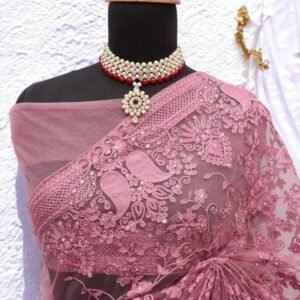 Dark Peach Sonalika Embroidered Pure Soft Net Saree