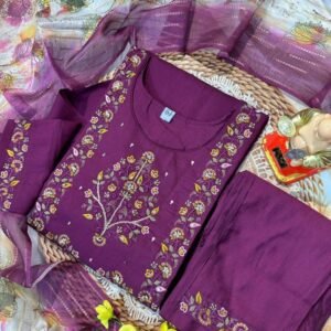 Dark Purple Fancy Muslin Hand Work Kurti Pant Set