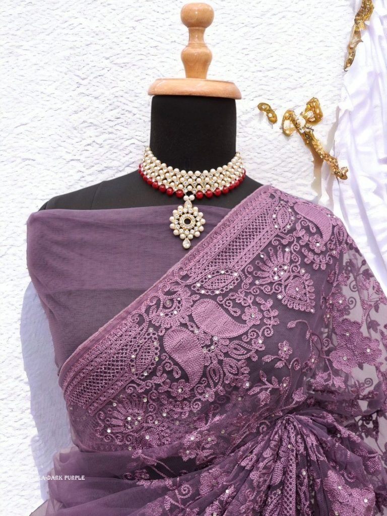dark purple sonalika embroider 1715245086 Dark Purple Sonalika Embroidered Pure Soft Net Saree