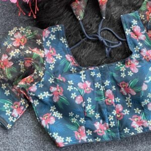 Deep Blue Sobha Flower Printed Organza Readymade Blouse