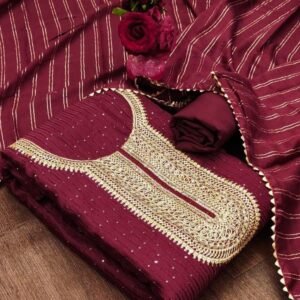 Deep Brown Designer Chanderi Unstitched Suits With Crosset Work