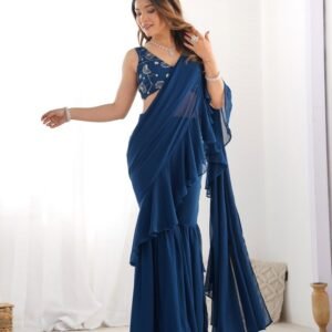 Delightful Teablue Ready To Wear Sharara Saree With Ready Made Blouse