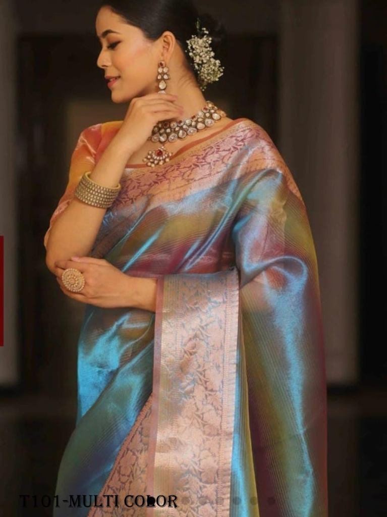 designer banarasi multi color 1718777714 Designer Banarasi Multi Color Glass Tissue Silk Saree