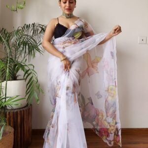 Designer Birds Handcrafted Pure Organza Saree