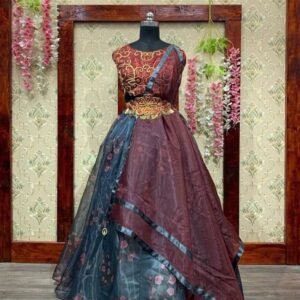 Designer Brown Organza Printed Lehenga for Bridesmaid