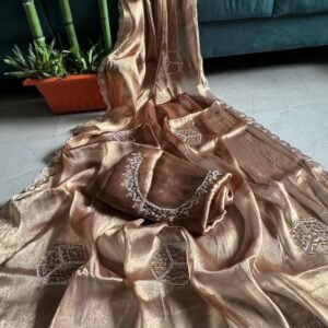 Designer Burburry Copper Diamond Cut Work Saree
