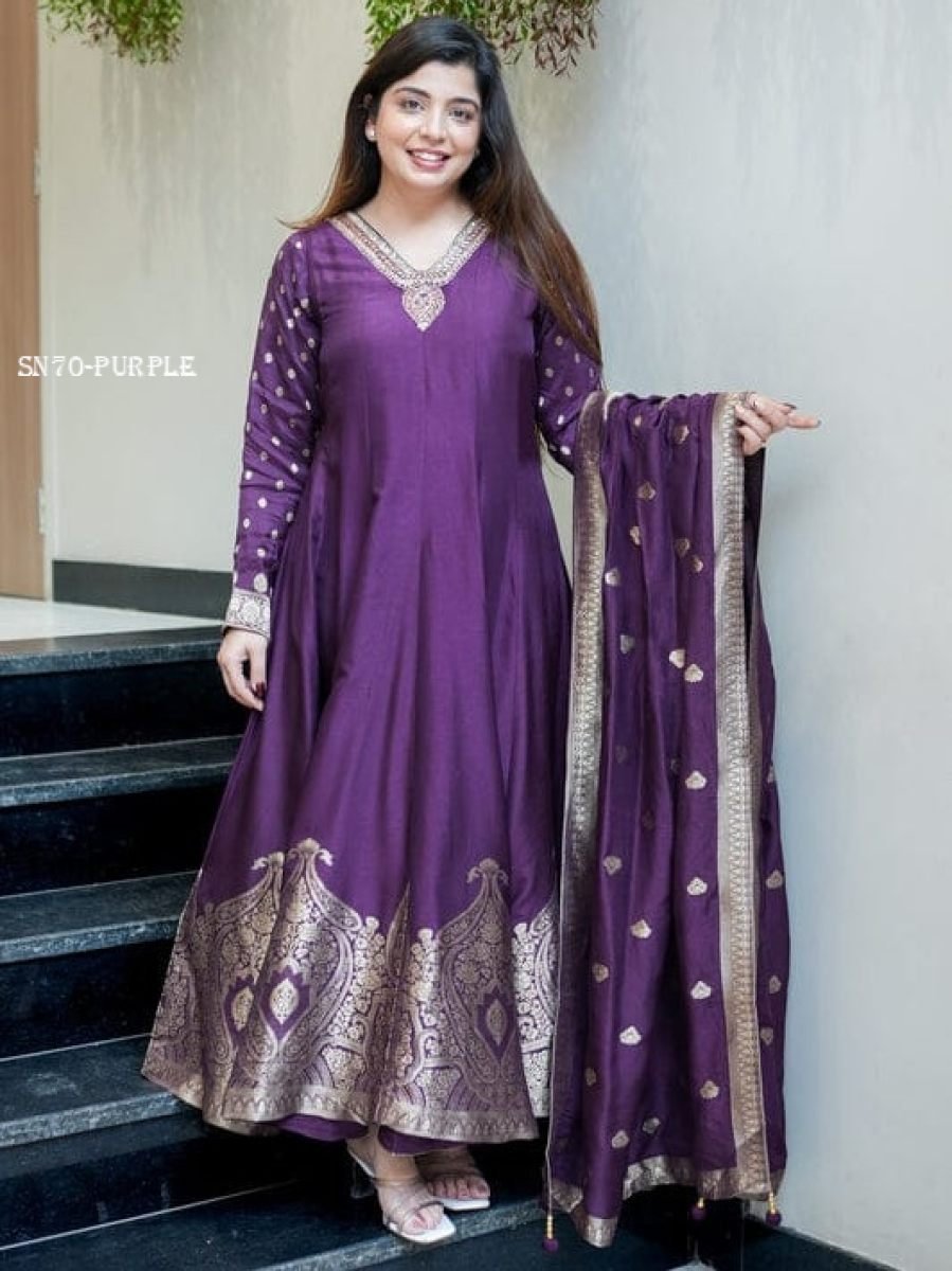 designer chanderi anarkali dre 1775040022 Designer Chanderi Anarkali Dress with Banarasi Work for Festive Wear