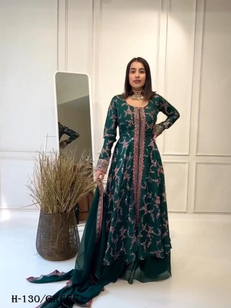 designer cotton green anarkali 1725961128 Designer Georgette Green Anarkali Sharara Suit Set