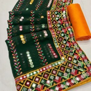 Designer Dark Green Georgette Saree With Blouse