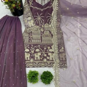 Designer Dusty Onion Net With Sequence Work Plazo Set