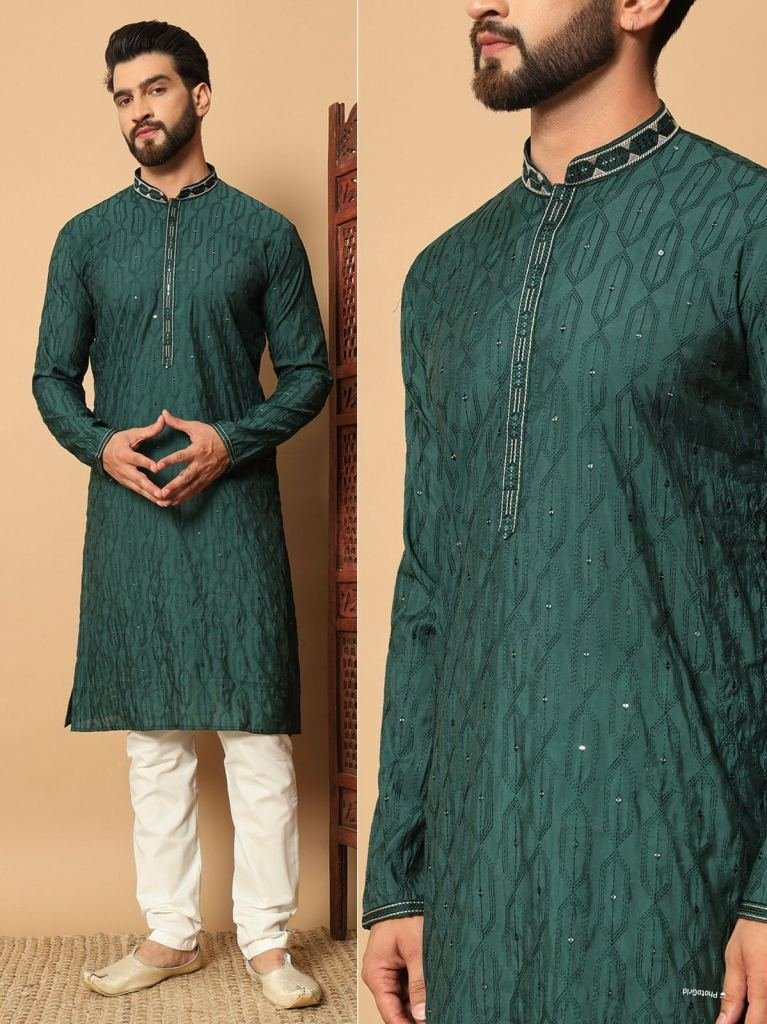designer embroidered and seque 1740648531 Designer Embroidered And Sequence Work Premium Silk Men Kurta