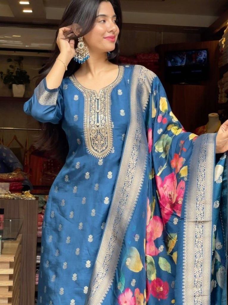 designer fancy blue kurti with 1741427166 Designer Fancy Blue Kurti With Bottom And Duppata Set