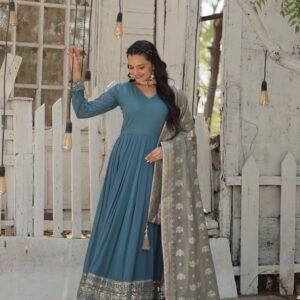 Designer Fancy Teal Blue Georgette Gown With Sequins Work