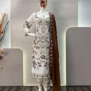 Designer Faux Georgette Kurti Pant Set With Cotton Thread Embroidery